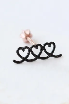 14K 18K Solid Gold Black Tattoo Triple Heart Cartilage Helix Conch  Barbell Piercing Earring Stud