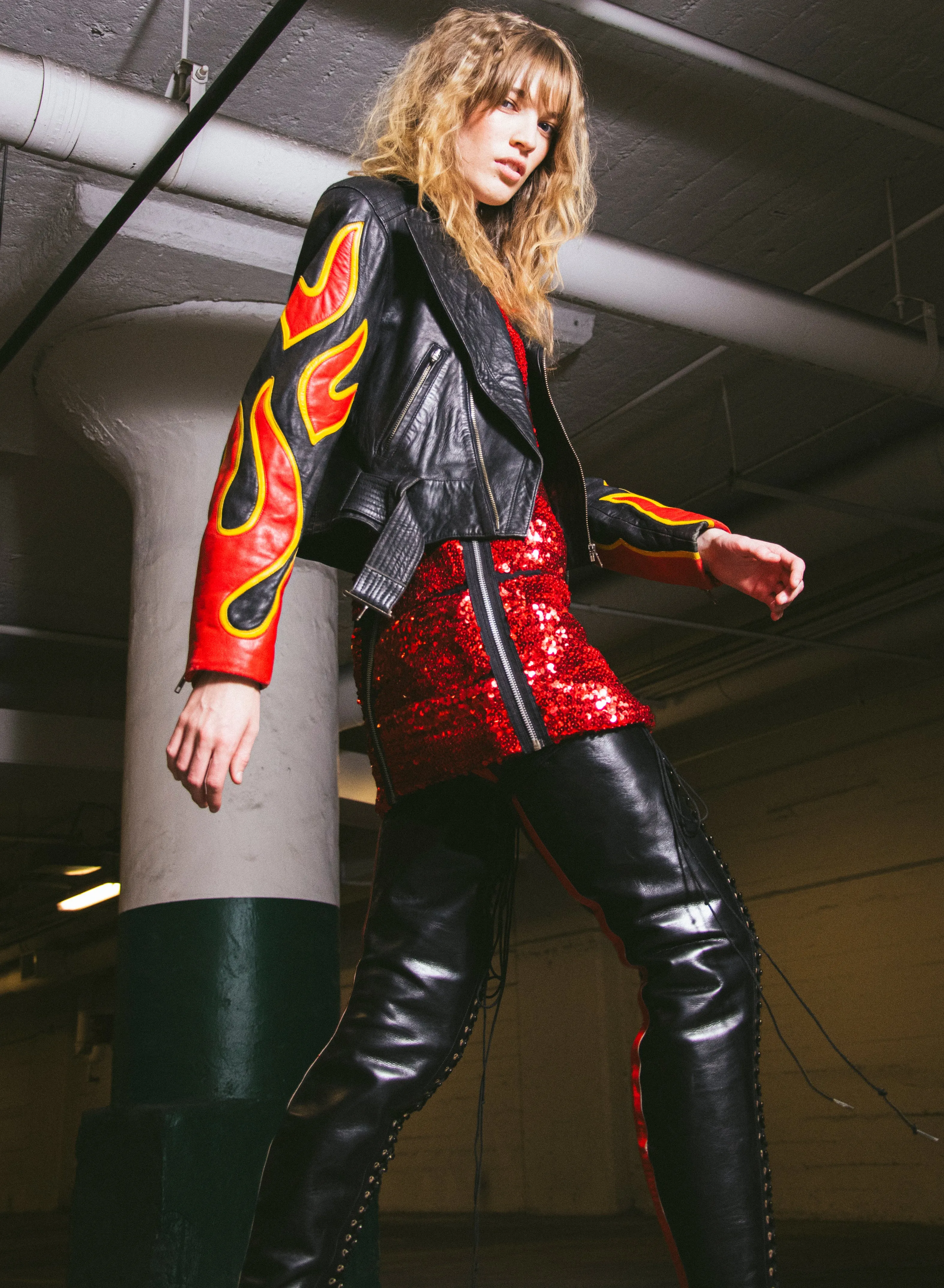 1990s North Beach Leather Flame Motorcycle Jacket