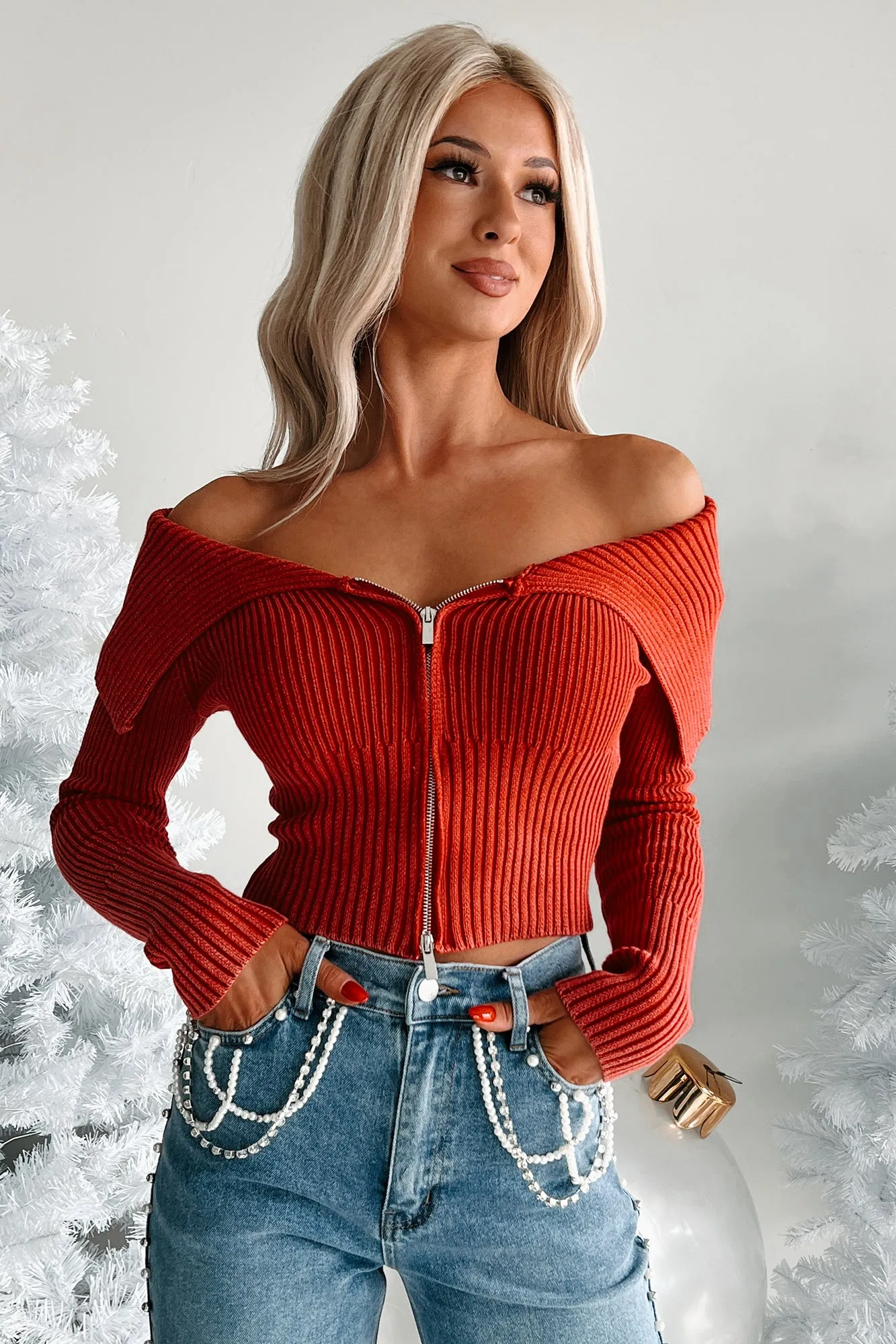 Araxie Off The Shoulder Zip-Up Sweater Top (Red)