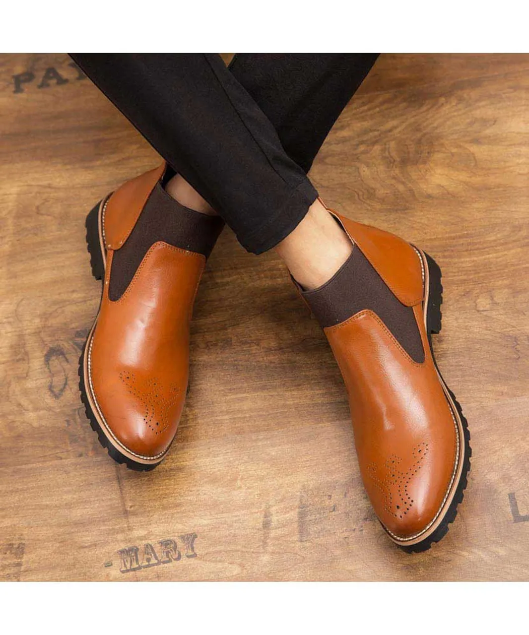 Brown retro brogue slip on dress shoe boot