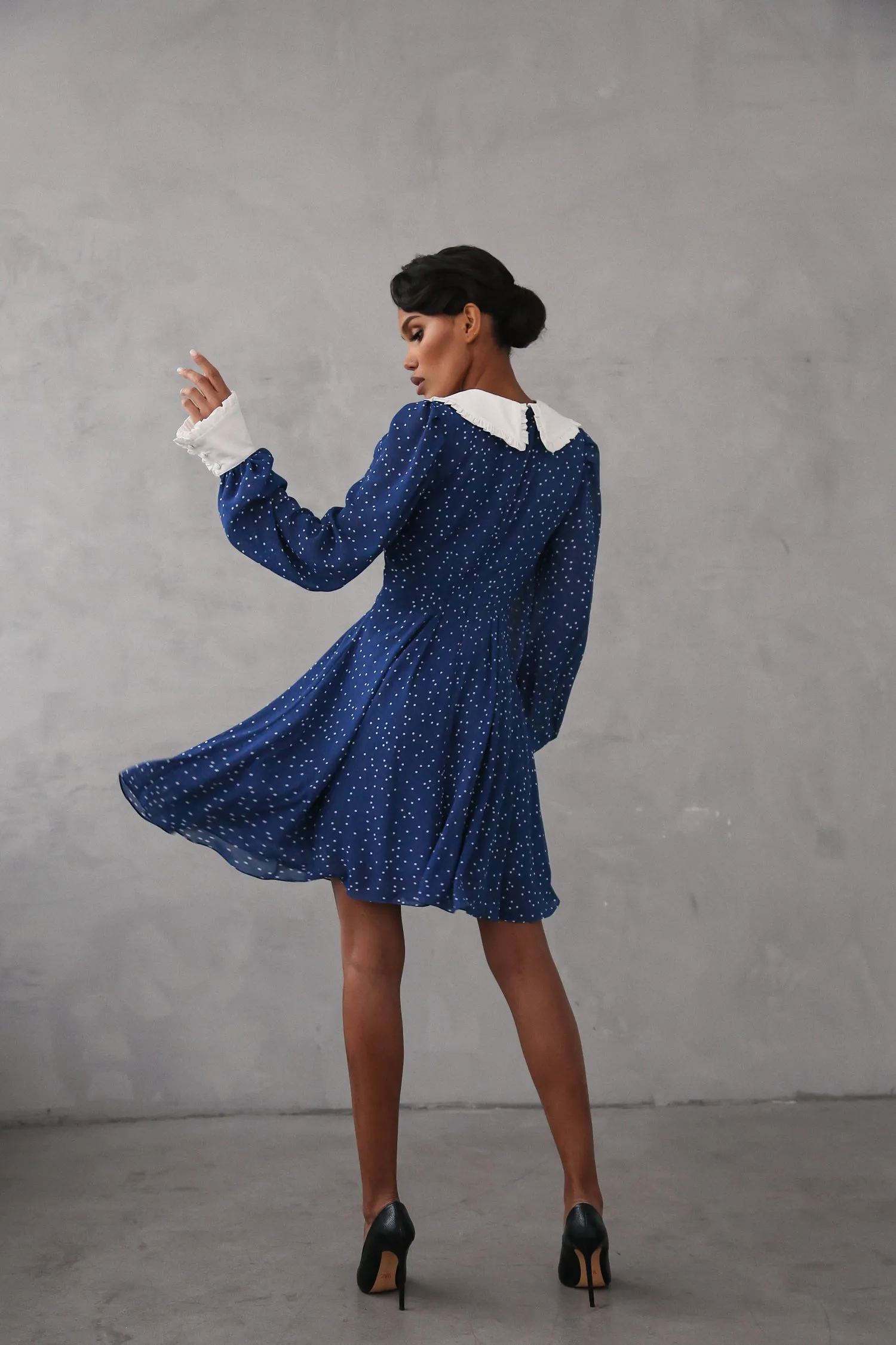 Crepe Chiffon Dress with Turndown Collar and Cuffs