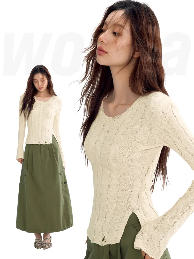 Damage Crew-Neck Slim Casual Side-Slit Cable-Knit