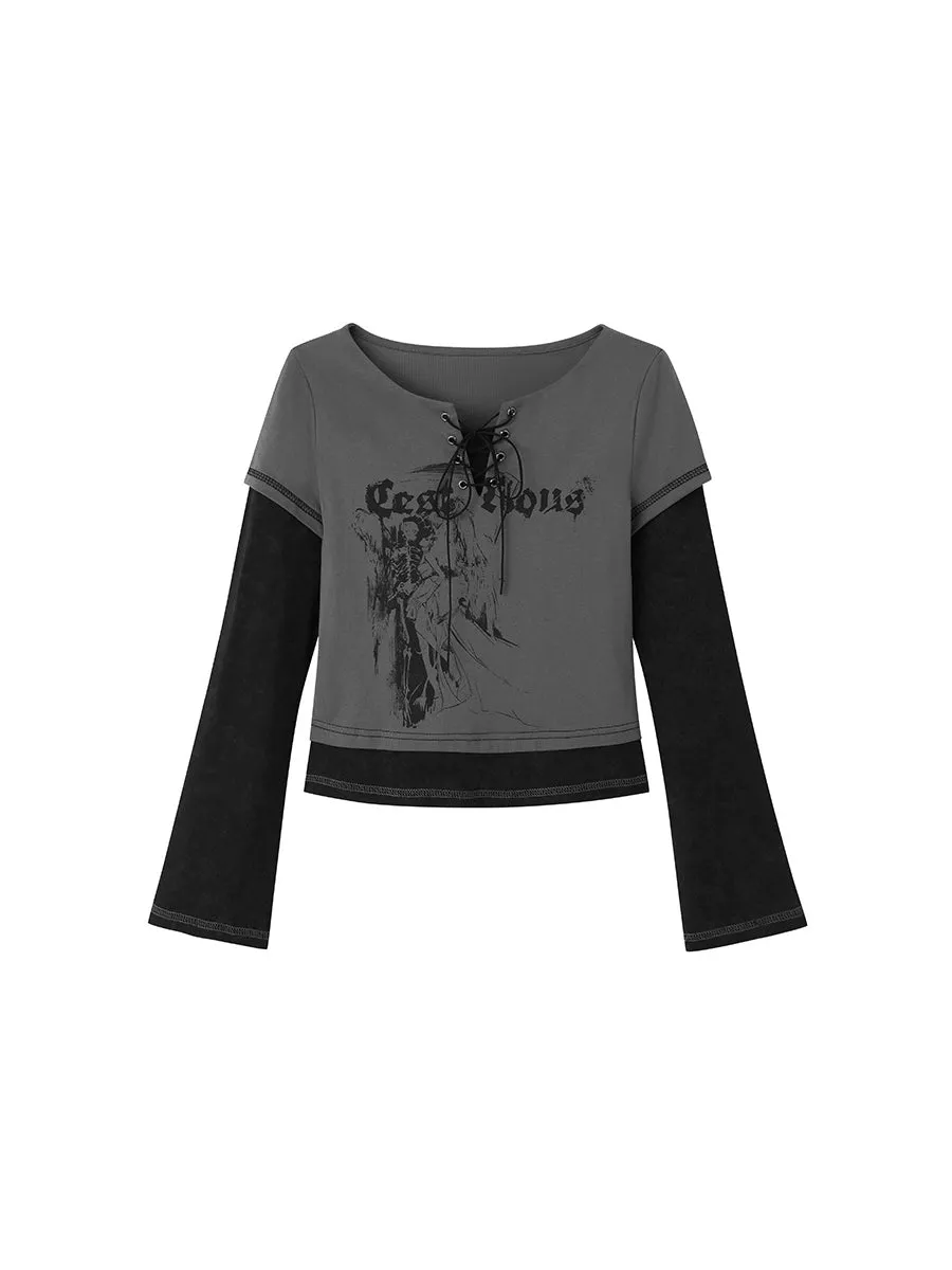 Fake 2Piece Lace-up Print Long T-Shirt