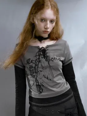 Fake 2Piece Lace-up Print Long T-Shirt