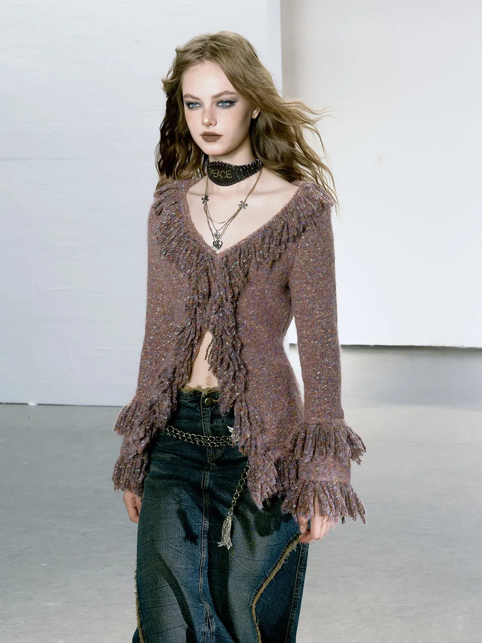 Fringed V-Neck Knitted Cardigan