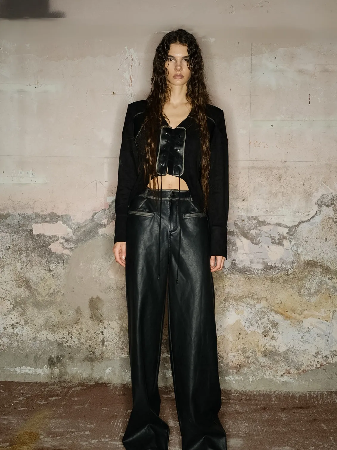 Lace-Up Cropped Nichi Knit&Leather Tops