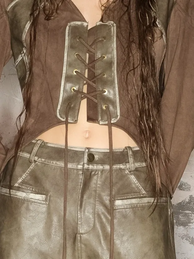 Lace-Up Cropped Nichi Knit&Leather Tops