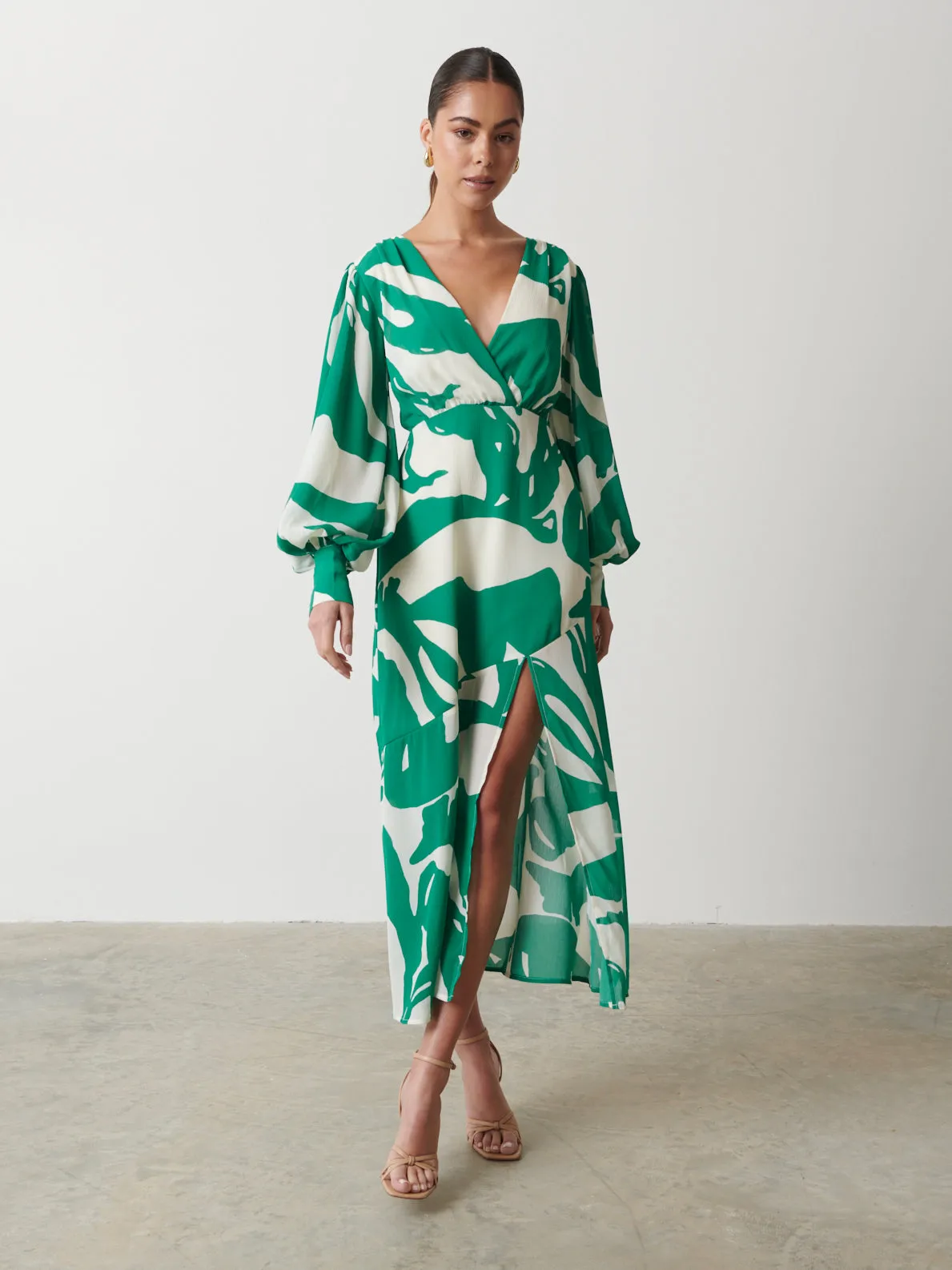Lilianna Backless Balloon Sleeve Printed Dress - Green Abstract