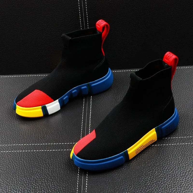 Men's Black Multicolor Mesh Knitted Slip-On Ankle High Top Shoes