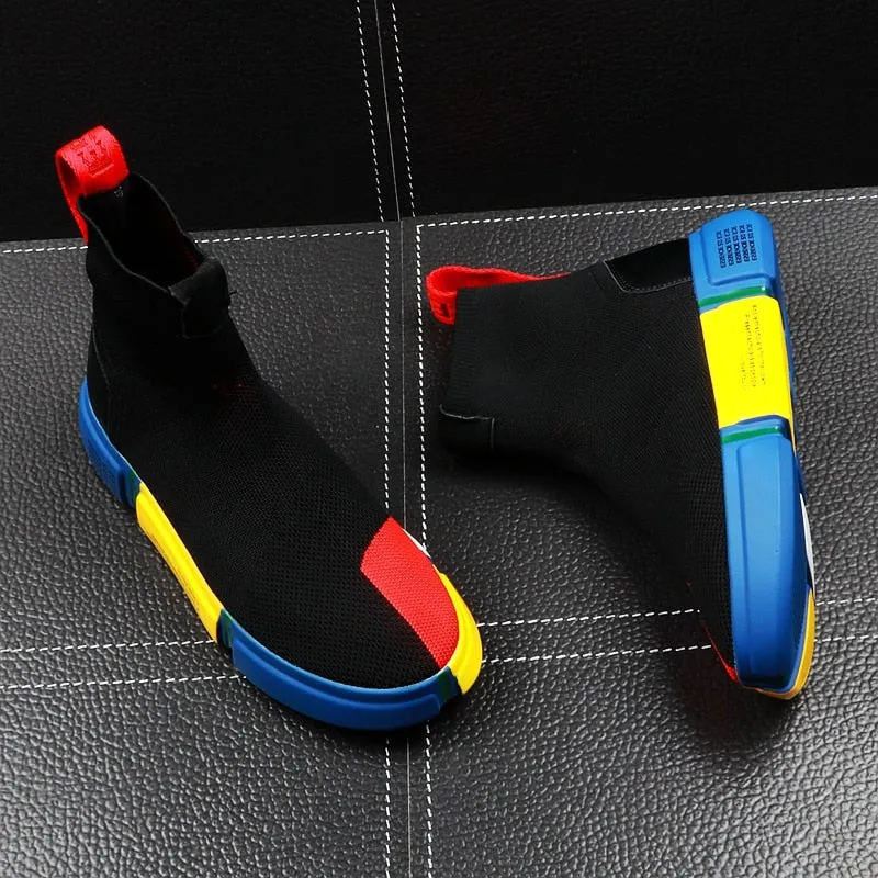 Men's Black Multicolor Mesh Knitted Slip-On Ankle High Top Shoes