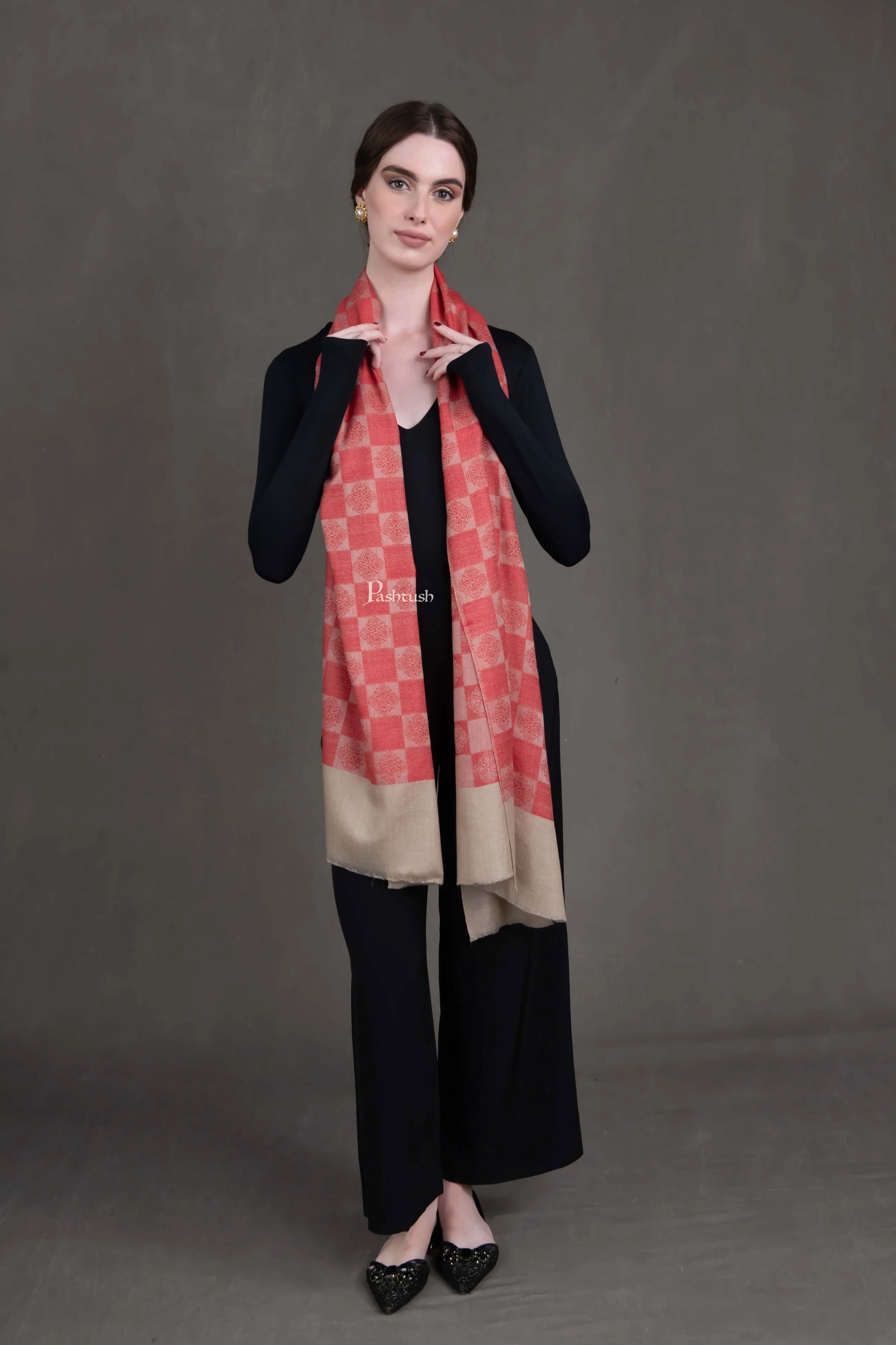 Pashtush Womens Extra Fine Wool Stole, Checkered Design, Beige And Red
