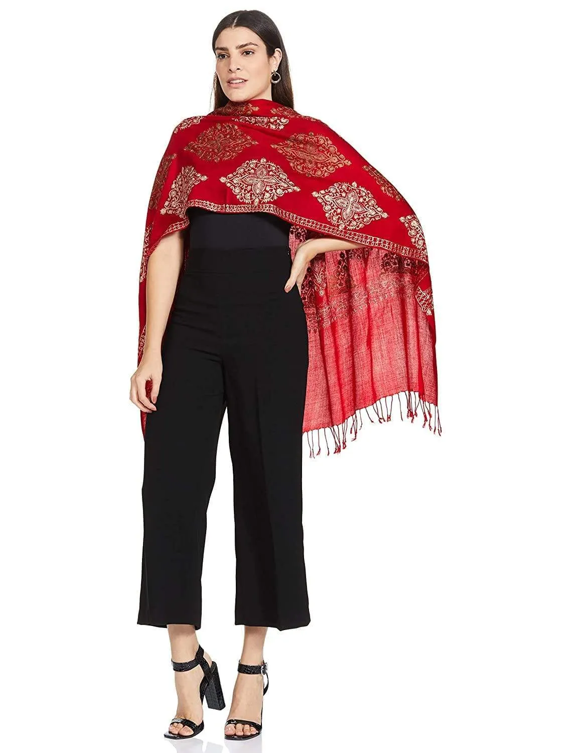 Pashtush Womens Fine Woollen, Silky Thread Nalki Embroidery Stole, Red