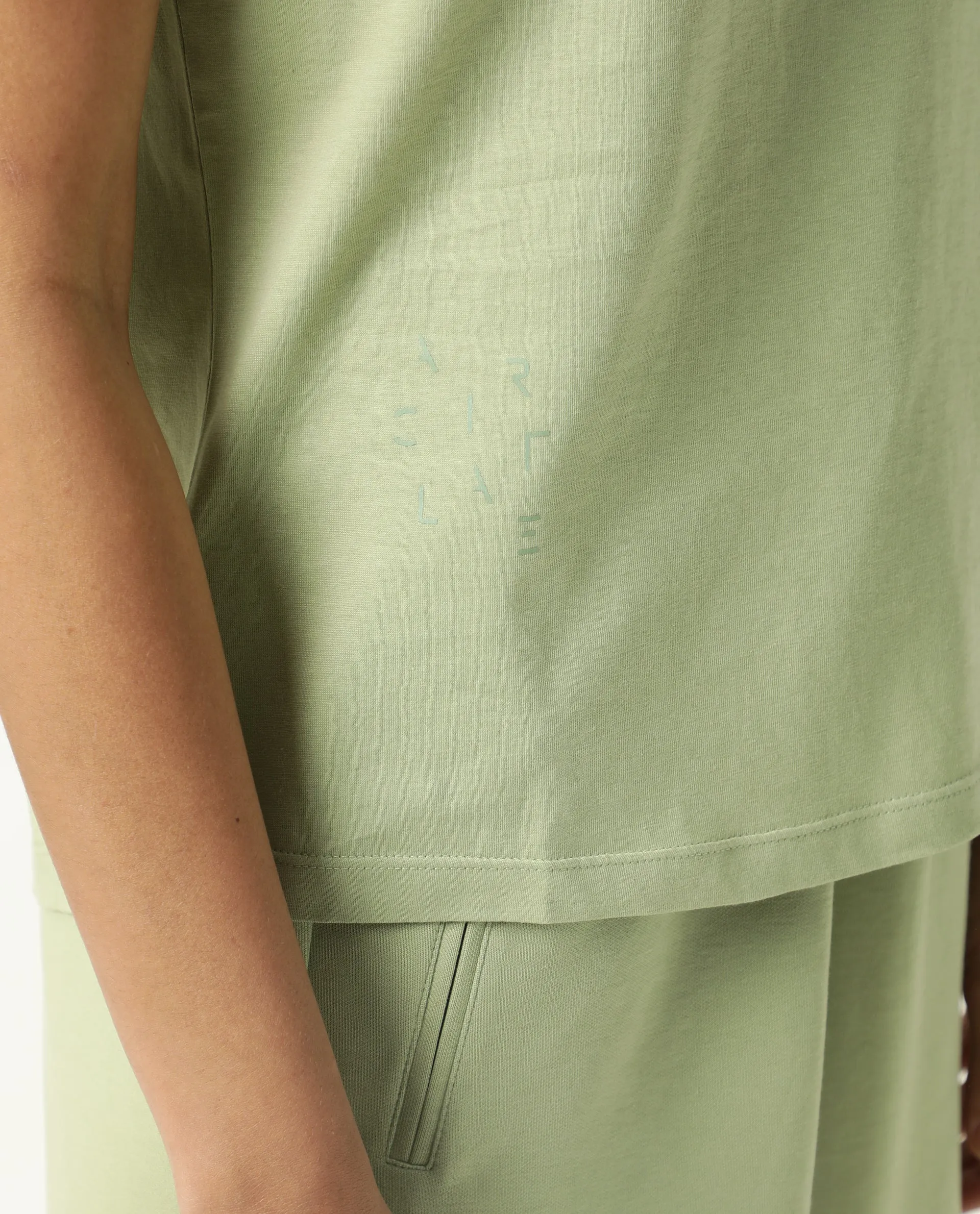 Rareism Women Alcas Light Green Cotton Blend Fabric Regular Fit Half Sleeves Solid Round Neck T-Shirt