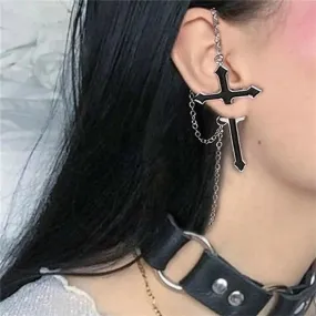Rock Your Look with Black Big Cross Drop Earrings Vintage Rock Long Chain Ear Piercing