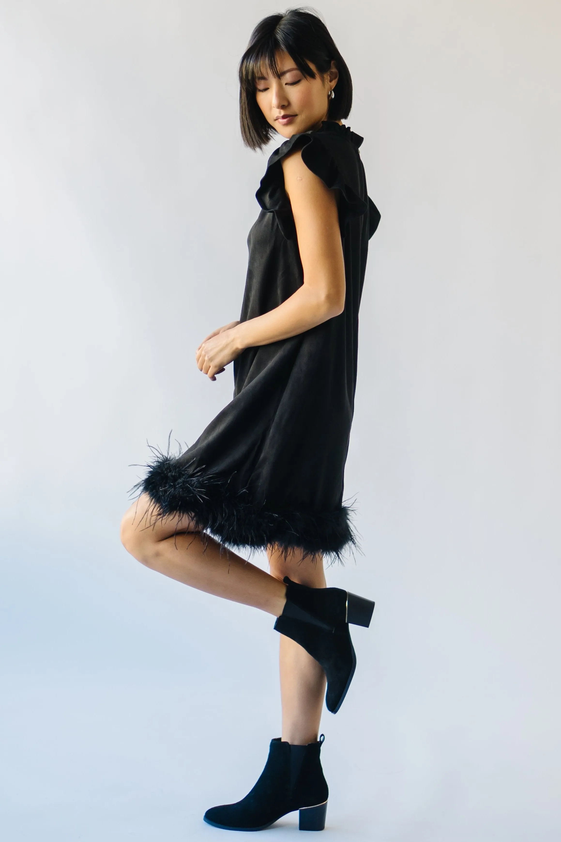 The Pressler Fur Detail Dress in Black Suede