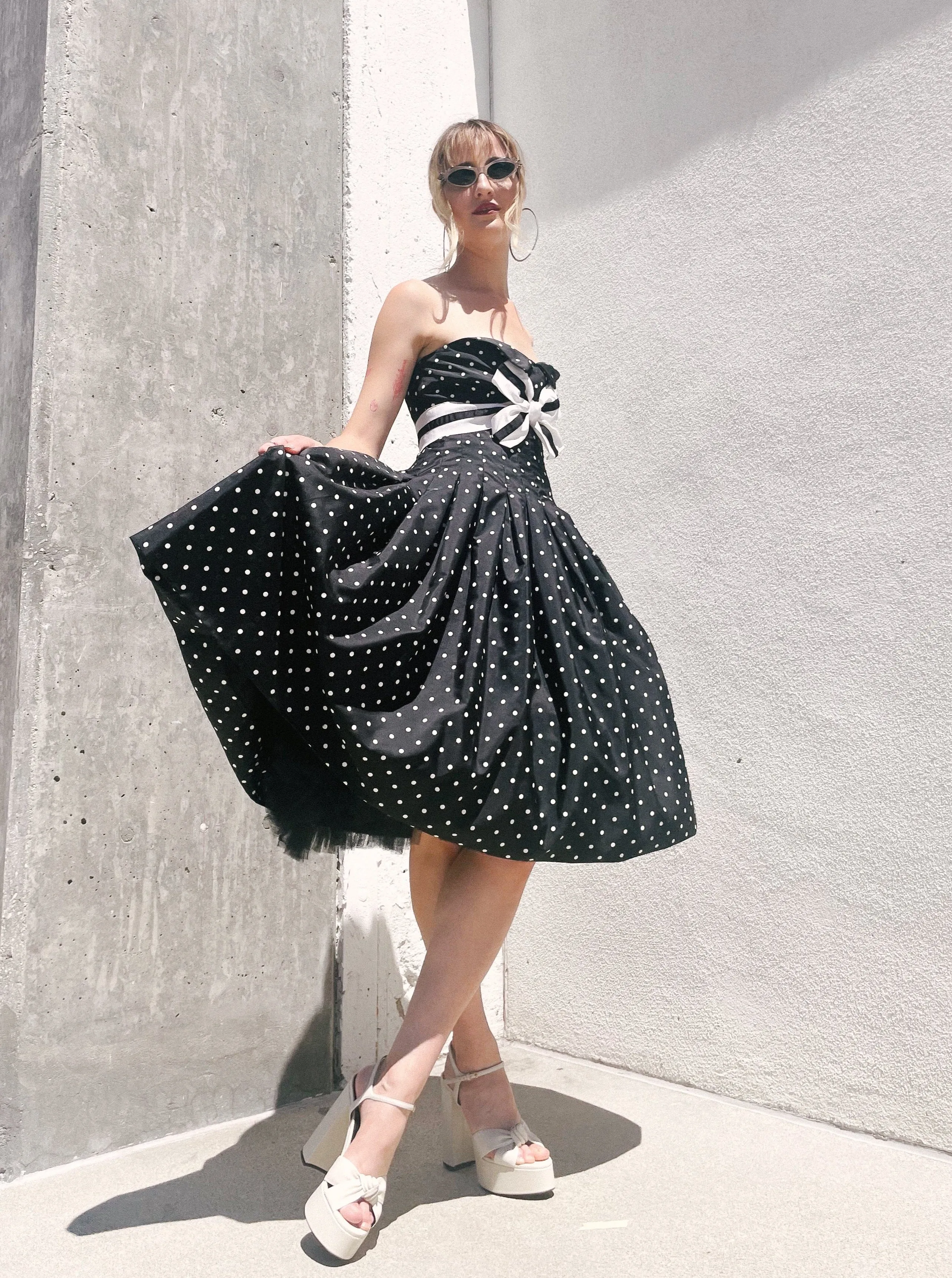 Victor Costa Black and White Dot Print Bustier Dress